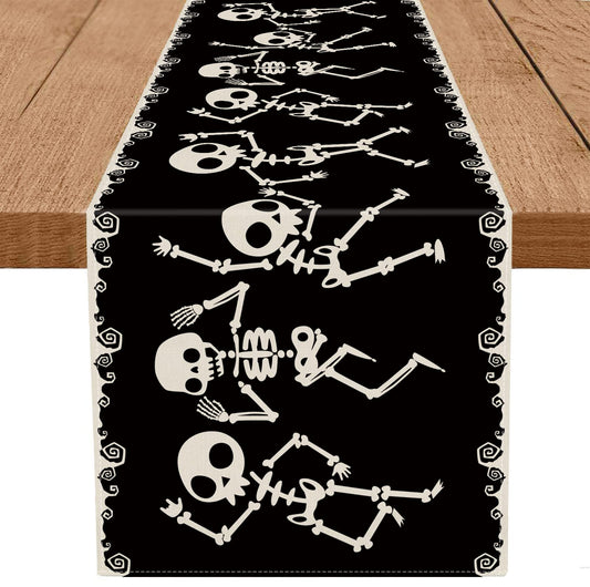 Halloween Table Runner Skeleton Dancing Funny Black Linen Seasonal Kitchen Dining Table Home Outdoor Party Decorations (13'' x 90'')