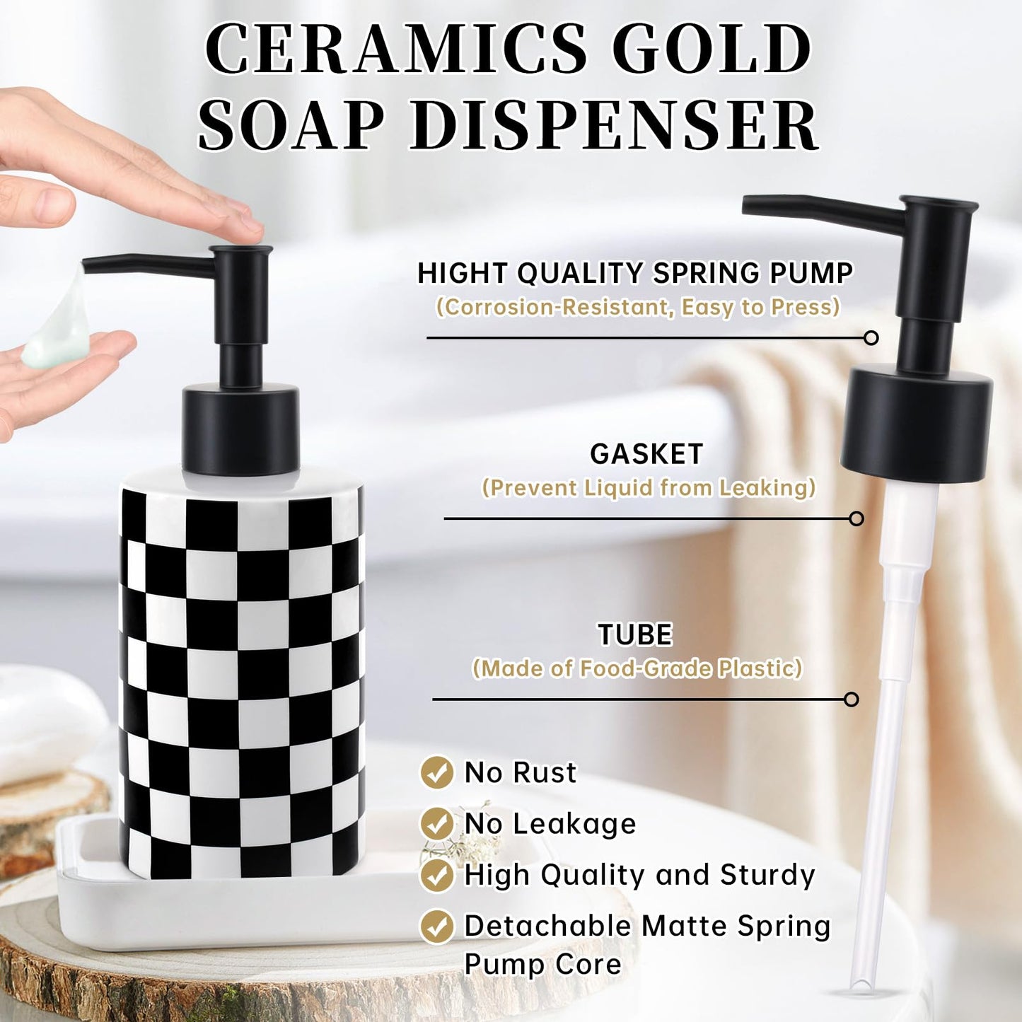 Soap Dispenser with Matte Black Pump, Ceramic Soap Dispenser Bathroom, Checkerboard Dish Soap Lotion Dispenser for Kitchen Sink, Black & White Plaid Refillable Liquid Hand Soap Bottle
