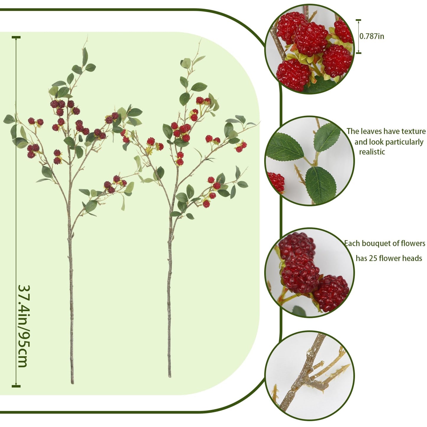 CITYES 2 Pcs Faux Berry Stems Realistic Red Raspberry Berries Flowers Faux Berry Picks Artificial Flowers Branches for Indoor Home Decor Vase Thanksgiving Farmhouse Christmas DIY Mantel Harvest