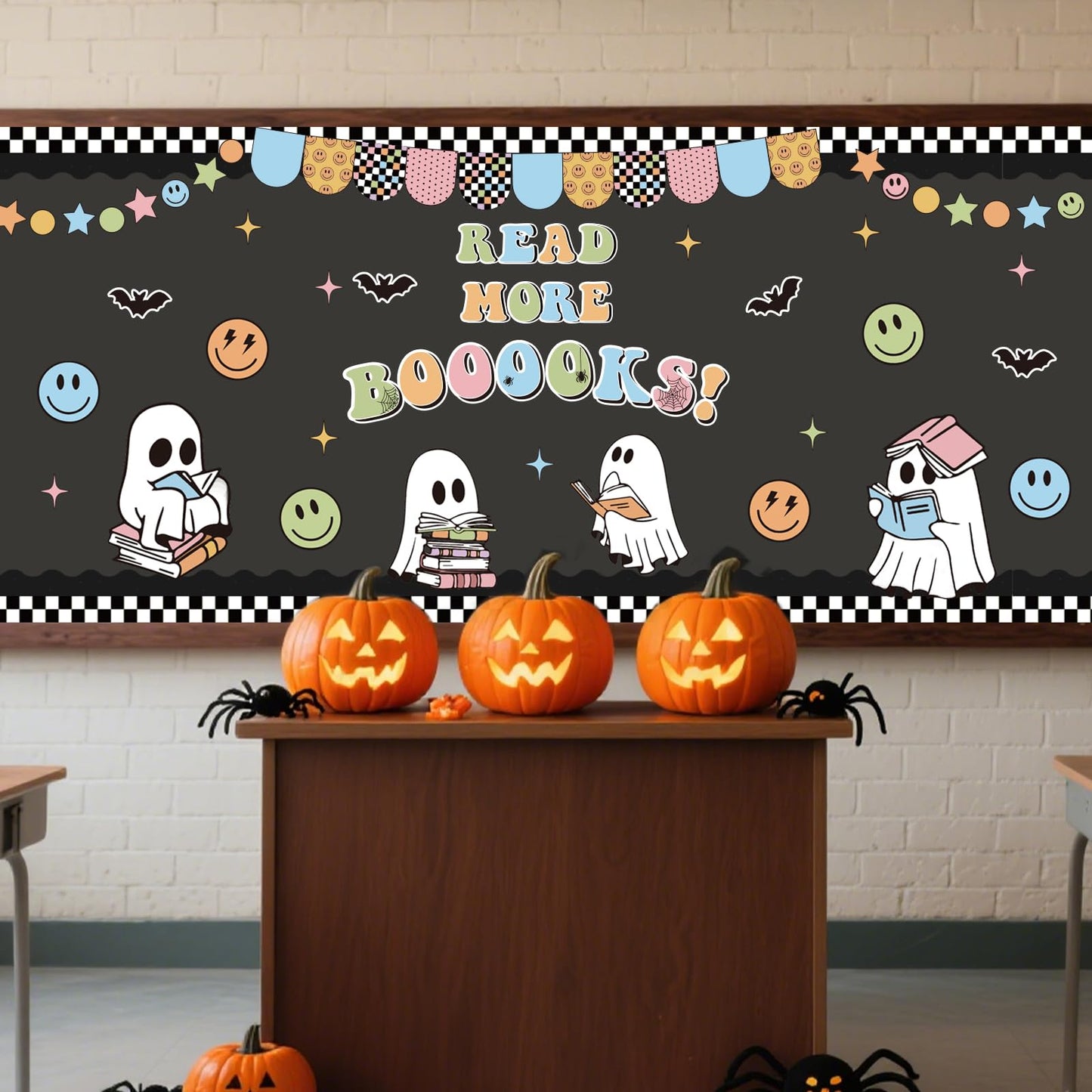 JarThenaAMCS 89 Pcs Halloween Bulletin Board Decoration Set Ghost Book Paper Cutouts with Glue Points for Party School Nursery Classroom Chalkboard Office Home Wall Decor