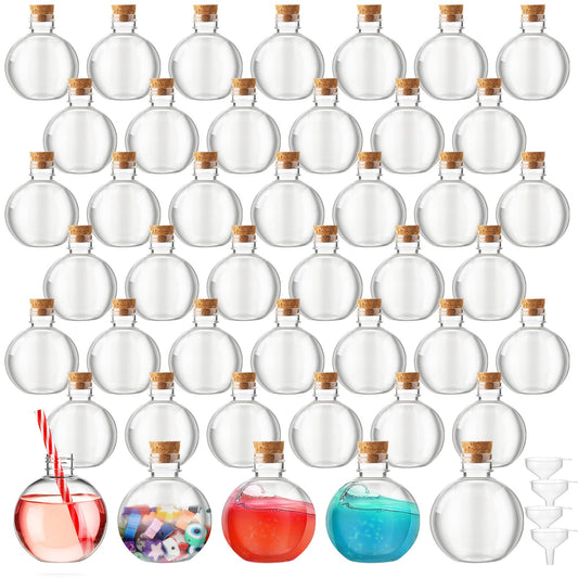 Layhit 50 Pack 6 oz Spherical Plastic Potion Bottles with Corks and Funnels Ball Shape Sand Art Bottles Cocktail Ornament for DIY Wedding Party Gift Crafts Decoration(Wood Color)