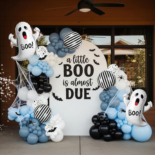 Spooky Halloween Balloon Garland Arch Kit | Black Blue White Balloons with 3D Bat Ghost Foil Balloons Perfect for boo Party Decorations