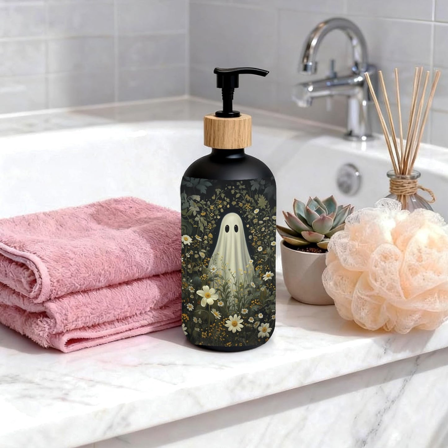 OuOvOwO Halloween Ghost Floral Black Glass Soap Dispenser