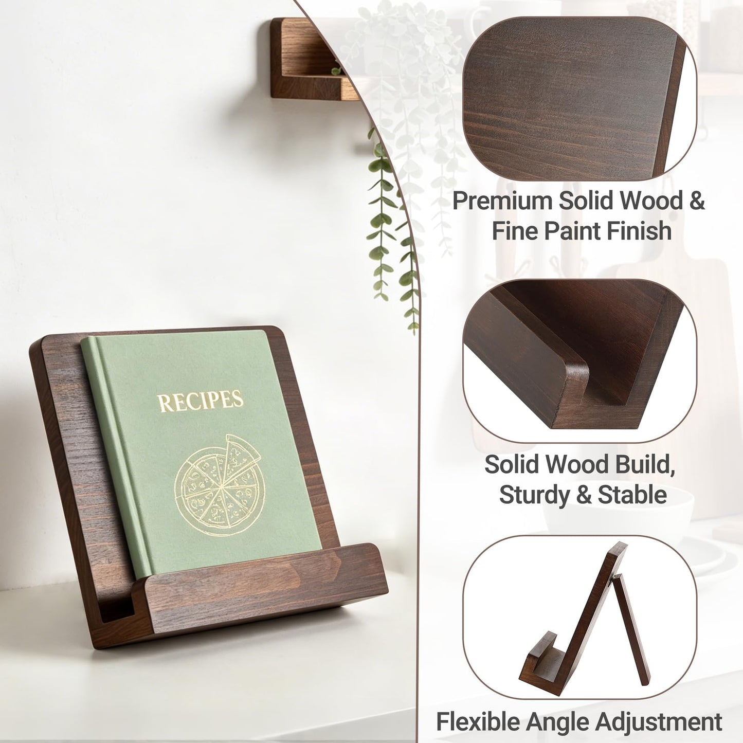 Dahey Cookbook Stand for Kitchen Counter Wooden Recipe Book Holder Adjustable Cookbook Holder Holds Books, Recipes, Phones & Tablets, Perfect for Cooking Lover Gift, Kitchen Decor