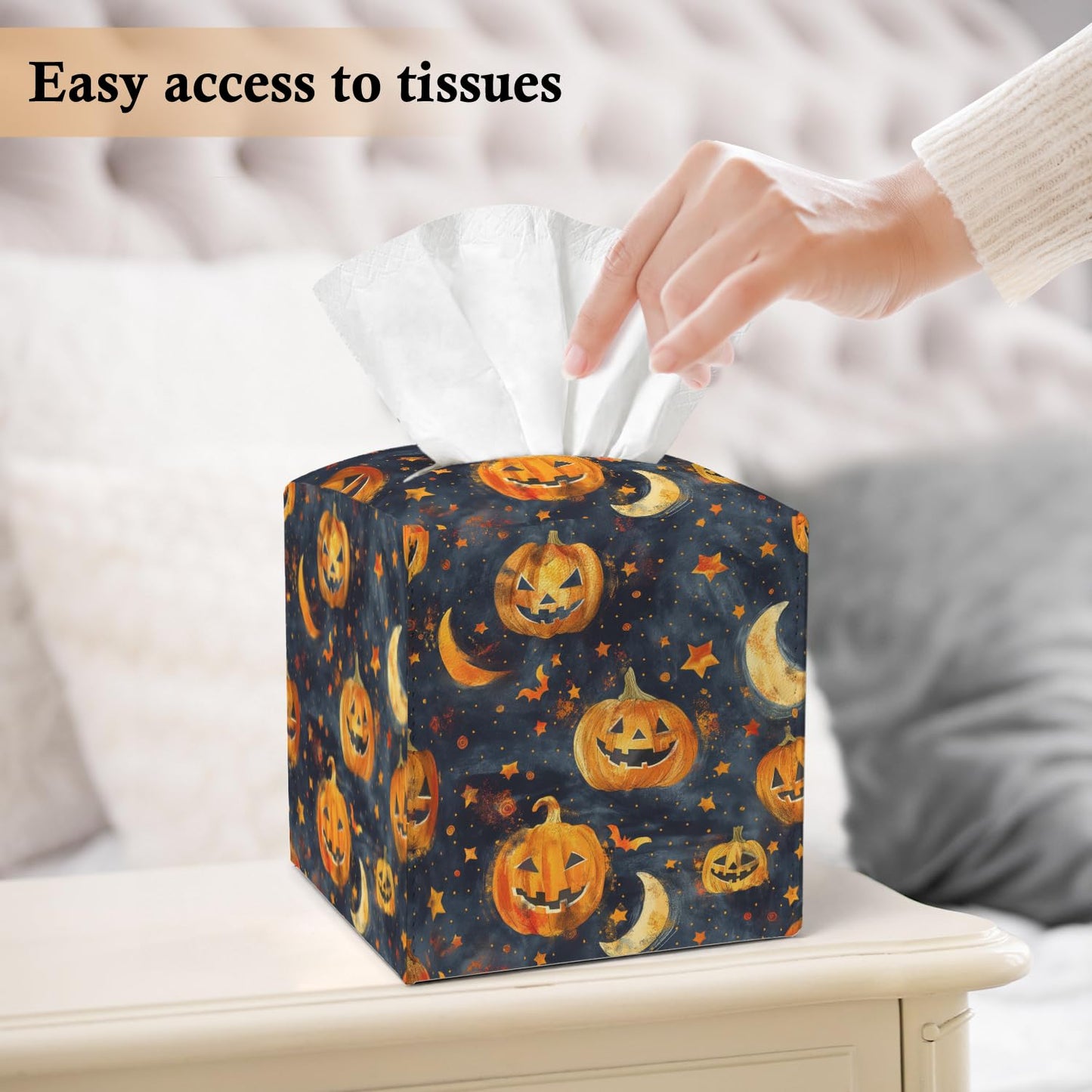 Halloween Pumpkin Tissue Box Covers Square, Leather Tissue Box Cover Decorative for Home Office Bathroom, Spooky Pumpkin Square Facial Paper Organizer Halloween Home Decor - 044