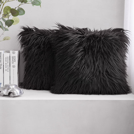 Phantoscope Pack of 2 Faux Fur Solid Throw Decorative Pillow Cover Cushion Covers Luxury Soft Halloween Decorative Pillowcase Fuzzy Pillow Covers for Bed/Couch, Black 18 x 18 Inches
