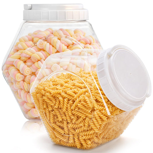 SOUJOY 2 Pack Plastic Candy Jar with Lid, 1 Gallon Cookie Containers for Kitchen Counter, Clear Hexagon Candy Display for Snacks, Dog Treats, Craft and Sewing Supplies, Coffee Pod, Laundry Pod