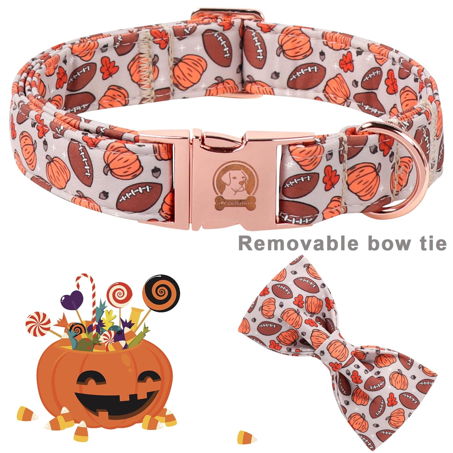 MR.CHUBBYFACE Halloween Dog Collar, Cute Halloween Pumpkin Football Fall Puppy Collar with Bowtie, Adjustable Cotton Pet Collar with Metal Buckle for Small Medium Large Dog