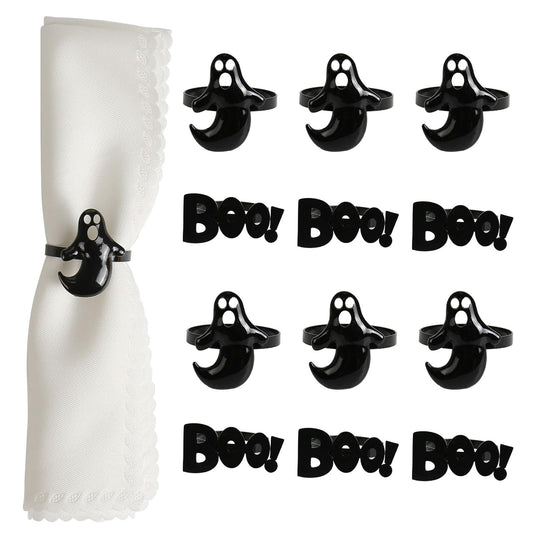 Getfitsoo Halloween Napkin Rings Set of 12, Ghost Boo Halloween Black Napkin Holders Metal Buckles for Halloween Party Decorations Home Kitchen Dinner Table Setting