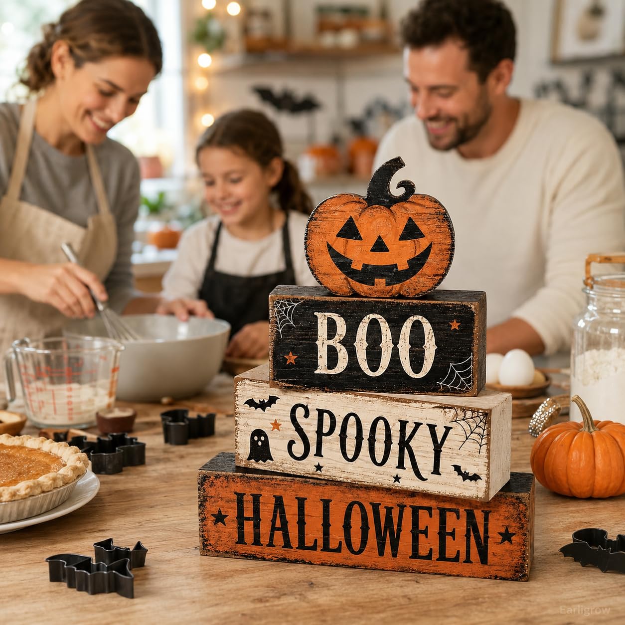 4 Pcs Halloween Table Decorations, Spooky Boo Tiered Tray Decor, Wooden Block Signs with Jack-O-Lantern, Farmhouse Rustic Tabletop Centerpiece for Home Shelf Kitchen Coffee Bar