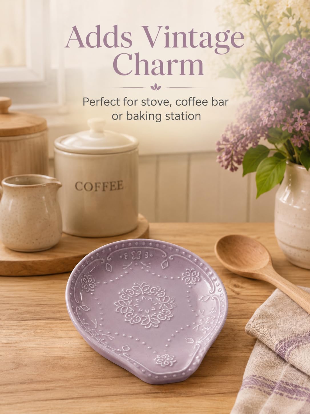 Lavender Purple Ceramic Spoon Rest for Kitchen Counter, 5.7" Floral Butterfly Embossed Spoon Holder for Stovetop, Dishwasher Safe Heat Resistant Utensil Rest, Farmhouse Kitchen Decor Gift