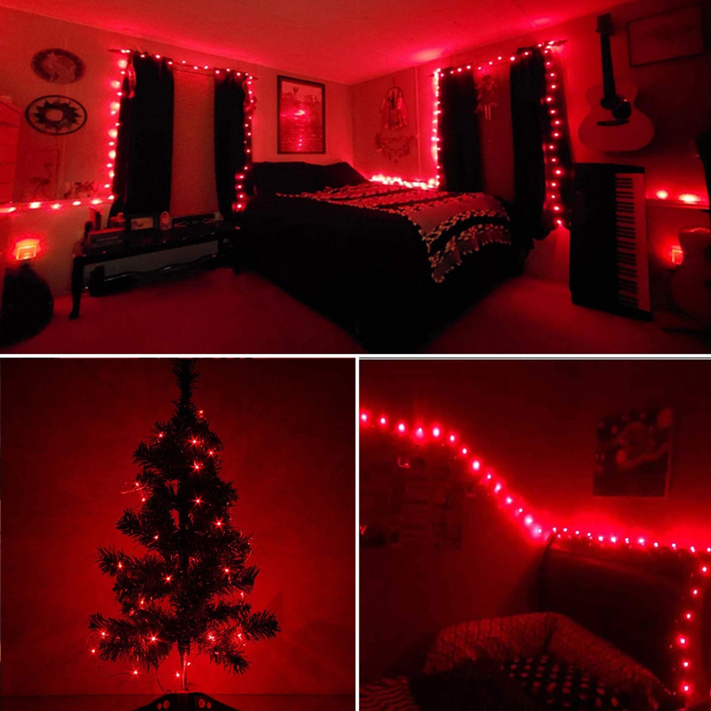 RUICHEN Dimmable Fairy String Lights Plug in 33 Ft 100 LED Silver Wire Firefly Lights with Remote, Red