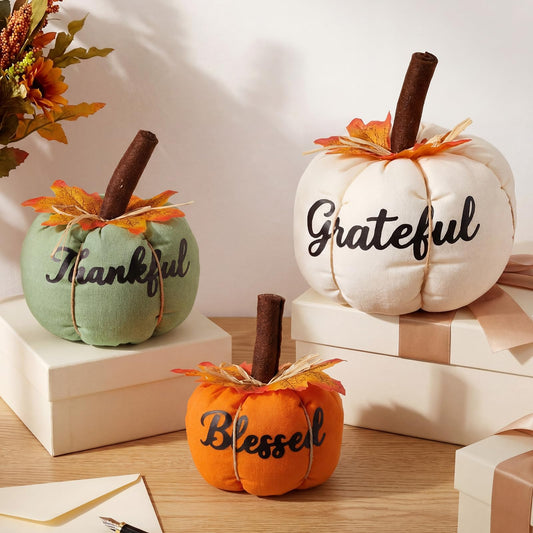 Tingjoo 3 Pcs Assorted Sizes Fall Pumpkins Decor Soft Stuffed Pumpkin Table Decorations Indoor Orange Green White for Fall Harvest Thanksgiving