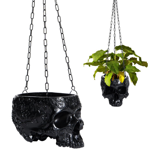 Hanging Skull Planter Pot with Chain and Hook Gothic Skeleton Candy Bowl Trick or Treat Bucket Spooky Skull Flower Pot Creepy Horror Home Decor Outdoor Indoor Garden Decoration 6 Inch Black Planter