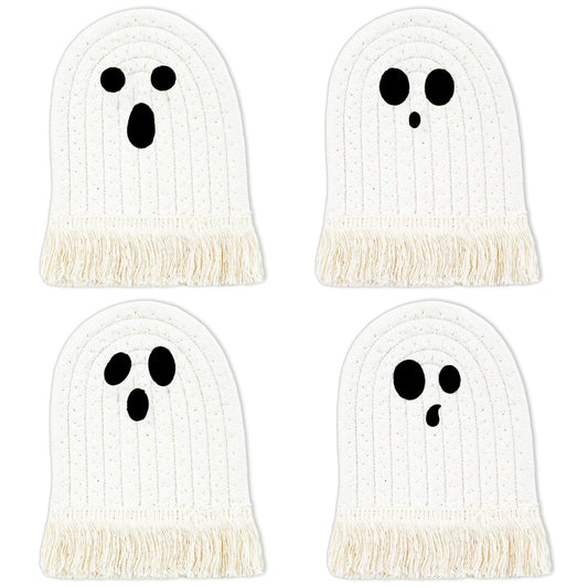 Whaline Halloween Ghost Cotton Coasters Cute White Ghost Shape Handmade Braided Drink Coasters with Tassel Absorbent Cup Mats for Trick or Treat Party Home Table Decor, Set of 4