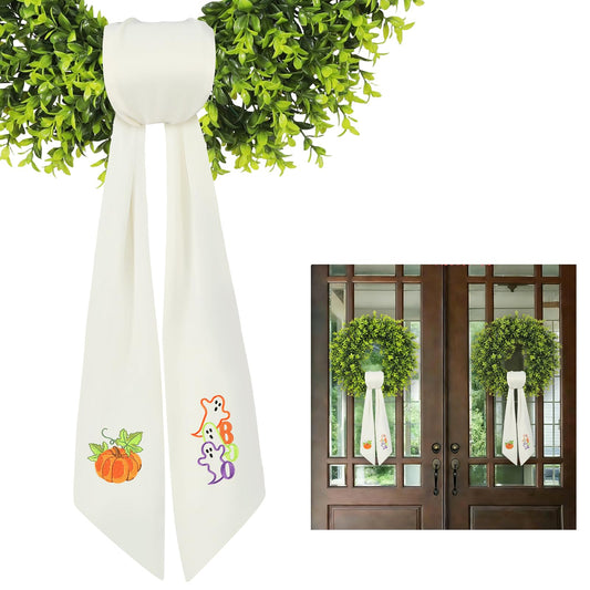 Fall & Halloween Wreath Sash for Front Door (59" Long) - Embroidered Ghost & Pumpkin Design for Boxwood Wreaths - 2-in-1 Autumn Ribbon Decor, Heavy Drape & Washable (1 Set)