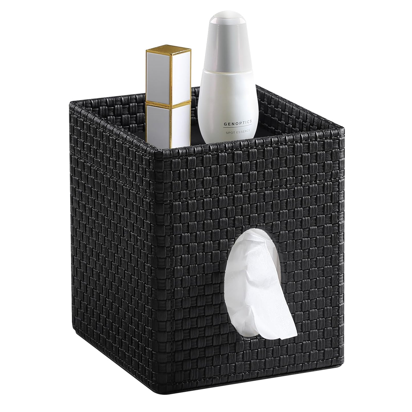 Square Tissue Box Cover, Stylish Leather Tissue Box Holder with Storage Tray, Decorative Tissue Rack Storage Box for Living Room, Bedroom, and Office Desk(Black Woven Pattern)