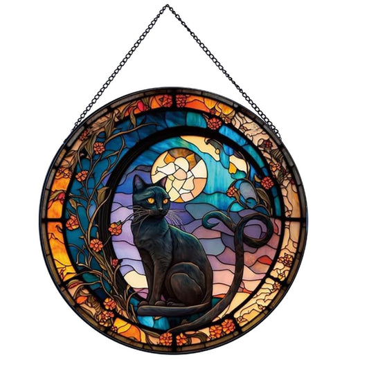 Payutou Black Cat Stained Glass Window Hangings,Suncatcher Stained Glass for Windows for Cat Lovers,20cm/7.87inch Hand-Painted Sun Catcher Garden Hangings Halloween Fall Christmas Decor for Home