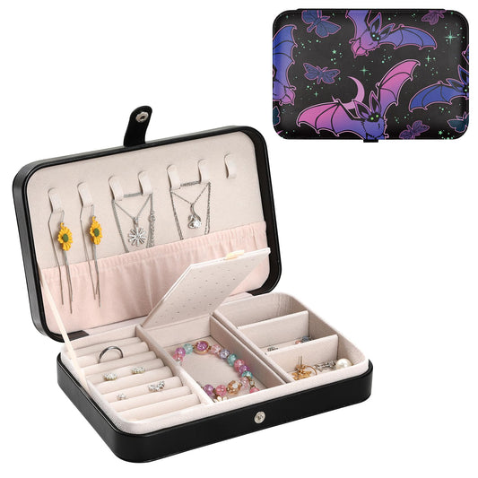 Buxainnsg Halloween Basket Stuffers Bat Black Leather Jewelry Travel Case Personalized Jewelry Box for Women Men Girls Boys Portable Jewellery Storage Travel Earring Organizer Ring Case Box Bracelet