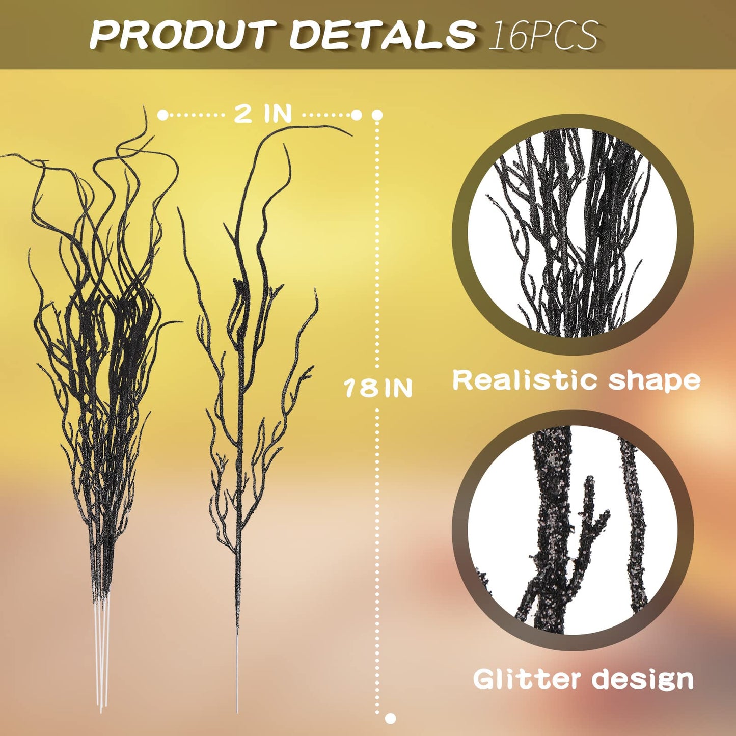 Yunsailing 16 Pcs Curly Willow Branches for Tree Decor 18 Inch Glitter Bendable Artificial Picks Lifelike Twigs for Vases Faux Tree Stems for Home Party Decoration (Black)