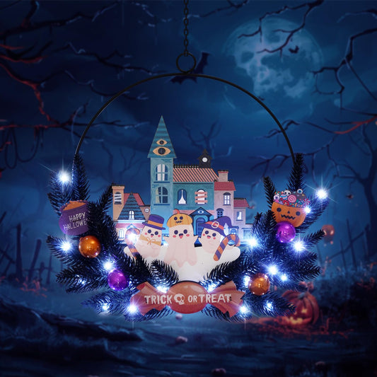 amadecohome Lighted Halloween Wreaths for Front Door, Welcome Metal Wooden Door Wreath Decor Hanging Sign, 30 LED Lighted Wall Decor Battery Operated for Halloween Indoor Outdoor (Ghost)