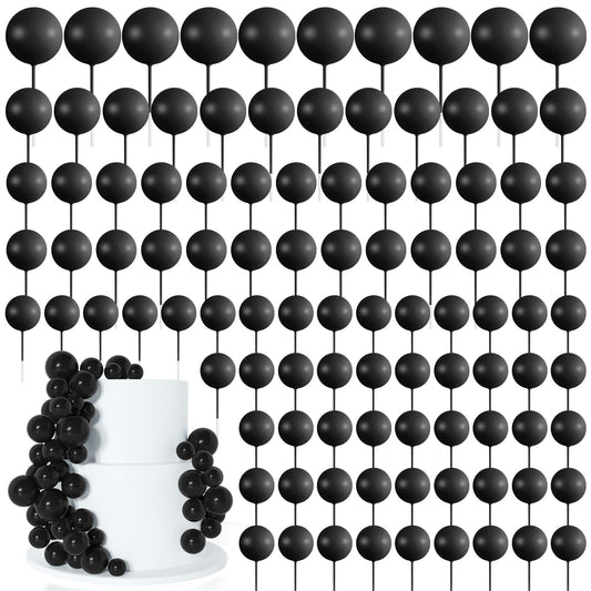 BOUBONI 138 Pcs Black Balls Cake Topper Decorations Balloon Cupcake Toppers Foam Cake Topper Balls Decorations for Halloween Birthday Party Wedding Anniversary