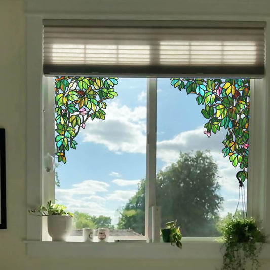 ChicSkin Original Hand Drawn Stained Glass Window Hanging Cling, Green Window Privacy Film Decorative Leaves Bird Cling, Green Vine Bird 15.75"X22.04"
