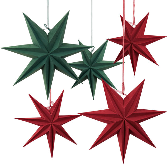 PAPER JAZZ 5 PCS Christmas Paper Star Lanterns,3D Star Christmas Wall Hanging Decorations,Vintage Christmas Velvet Ornaments for Xmas Wall/Tree/Window/Ceiling Decor,Home Decor,Winter Party.