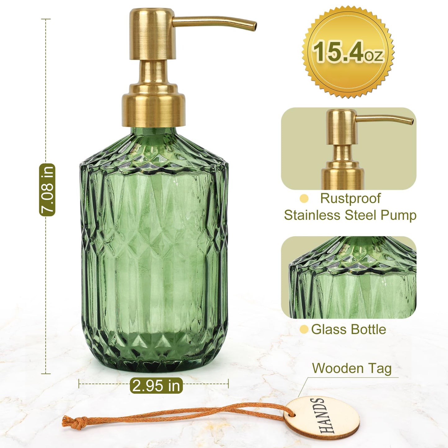 Ritrsvey Green Glass Soap Dispenser (15.4 Oz, 2 Pack), Kitchen Hand and Dish Soap Dispenser Set with Golden Rust Proof Pump, Vintage Bathroom Hand Soap Lotion Dispensers