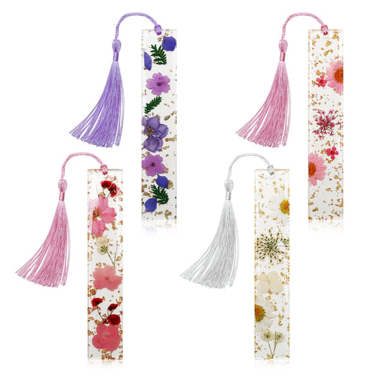 Dried Flower Bookmarks with Tassels, Kaluofan 4PCS Bookmarks for Women, Durable Handmade Dried Flower Resin Bookmarks, Pretty and Increase Reading Interest, (FB04)