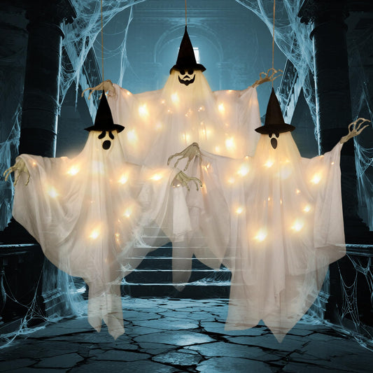 EASY JOY 3PCS Halloween Decorations Outdoor Hanging Ghost Decor with Lights Spooky Halloween Ornaments Ghosts Decorations for Front Porch Yard Tree