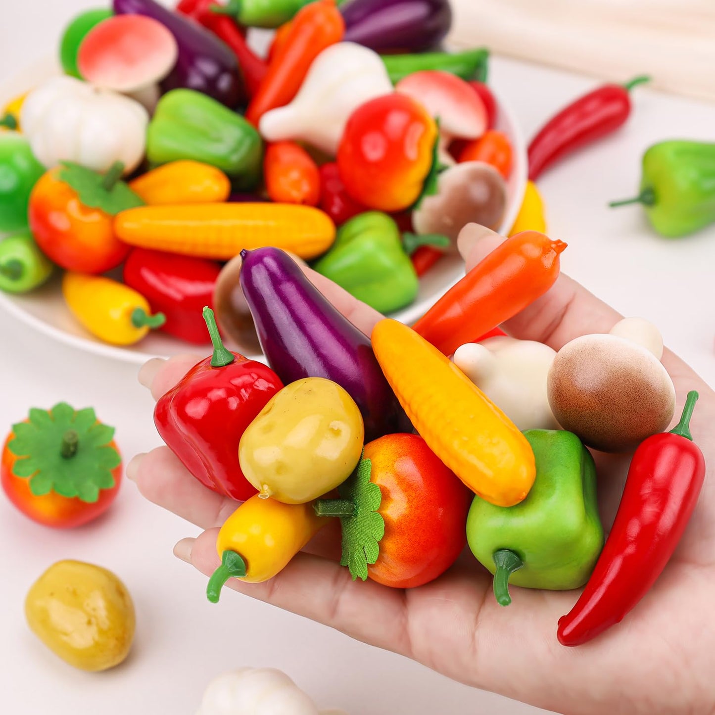 Gresorth 70 PCS Fake MINI Vegetables Artificial Garlic, Corn, Pepper, Pumpkin, Carrot, Potato, Eggplant ……