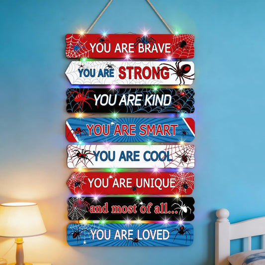 Spider Room Decor Set of 8 with LED Lights, Boys Bedroom Decor Inspirational Positive Quotes Wall Art, Motivational Wooden Hanging Signs Wall Decorations for Nursery Teens Toddler Room