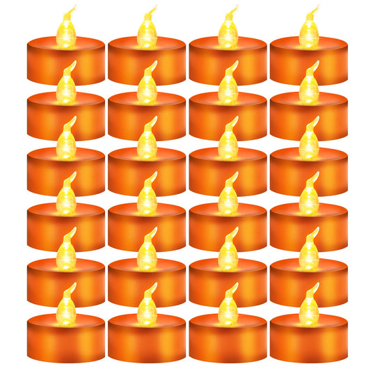 Windshell 24 Pack Orange Flickering Flame LED Tea Lights (No Remote and Timer), Battery Operated Flameless Tealight Candles for Halloween Thanksgiving Party