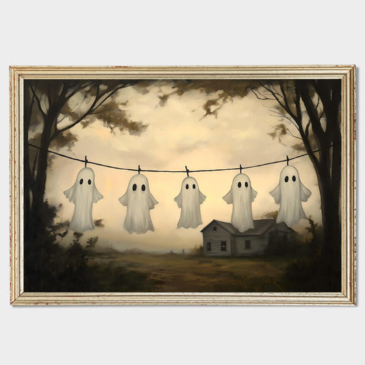 Farmhouse Ghost Wall Art Laundry Room Prints Halloween Landscape Poster Cute Ghost Pictures Gothic Forest Print Victorian Moody Paintings Spooky Wall Art Academia Dark Gothic Artwork 16x24in Frameless