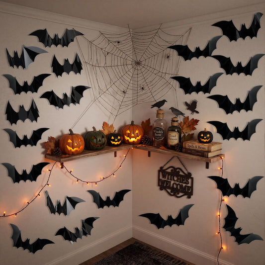 Pinkunn 20 Pcs Large Halloween Bats Wall Decor 15.7 x 5.9 Inch 3D Black Scary Wall Stickers Reusable PVC Gothic Bat Decals for Halloween Party DIY Home Window Door Decorations