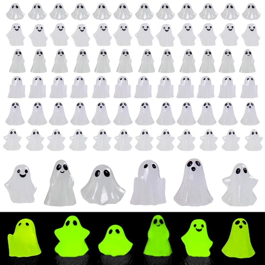 Cutecutedy 60Pcs Mini Resin Ghost Figurines,Tiny Little Ghosts for Halloween Decor,Cute Spooky Vase Filler,Tiered Tray & Table Centerpiece,Miniature Party Favors,Home Decor（Luminous）