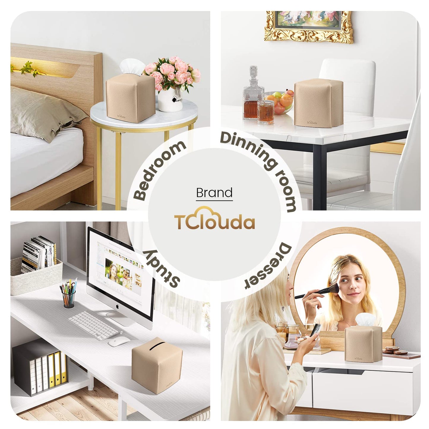 Tissue Box Cover, Tclouda, Modern PU Leather Square Tissue Box Holder for Creative Decorative, 2 Pack, Ideal for Bathrooms/Office/Car/Nightstand/Outdoor Tent/Dining Table, 5"X5"X5", Double Beige