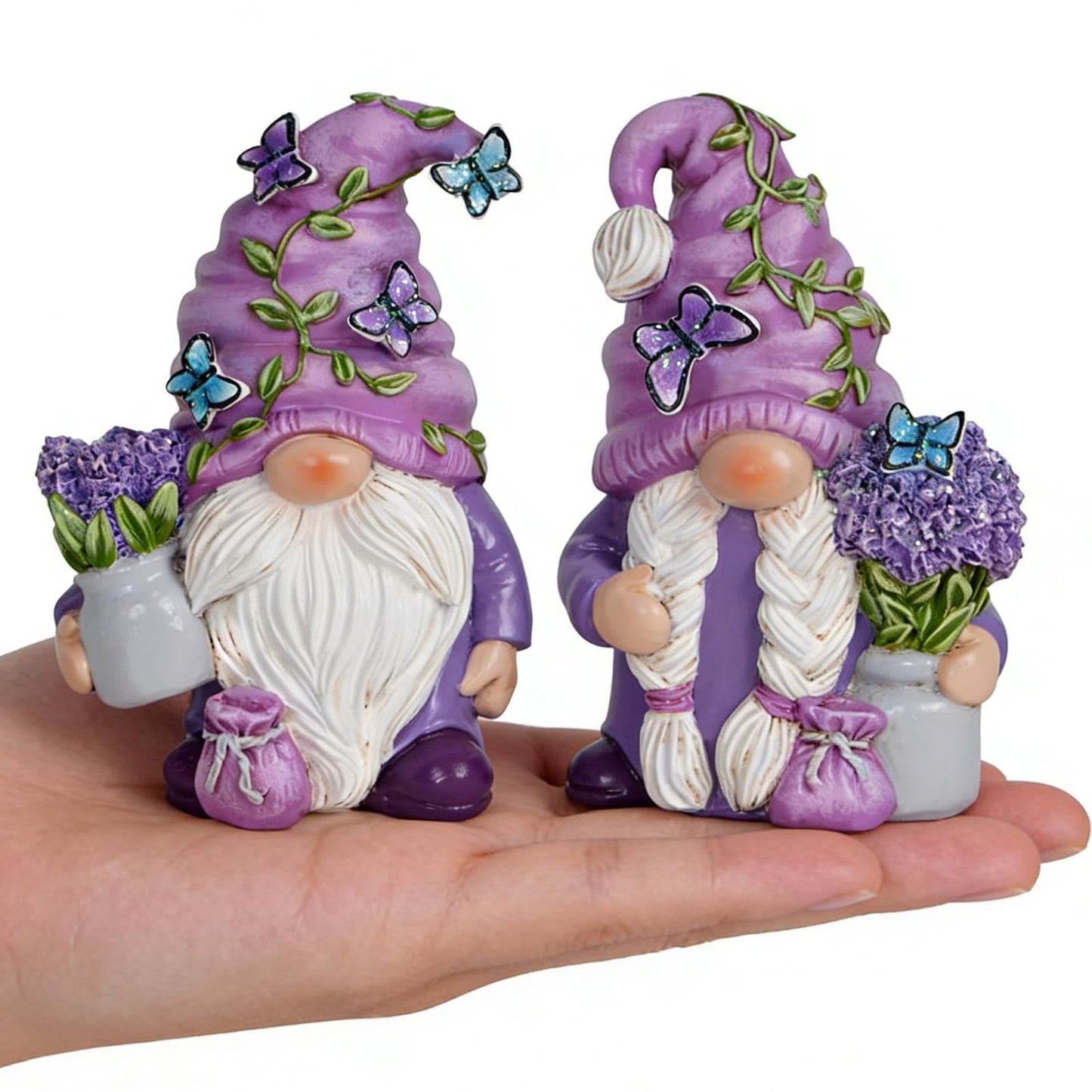 Hodao 2Pcs Purple Lavender Butterfly Gnome Figurine Set for Yard, Lawn, Patio, Porch - Weatherproof Resin Garden Decoration - Outdoor Decor & Unique Gnome Gift for Women