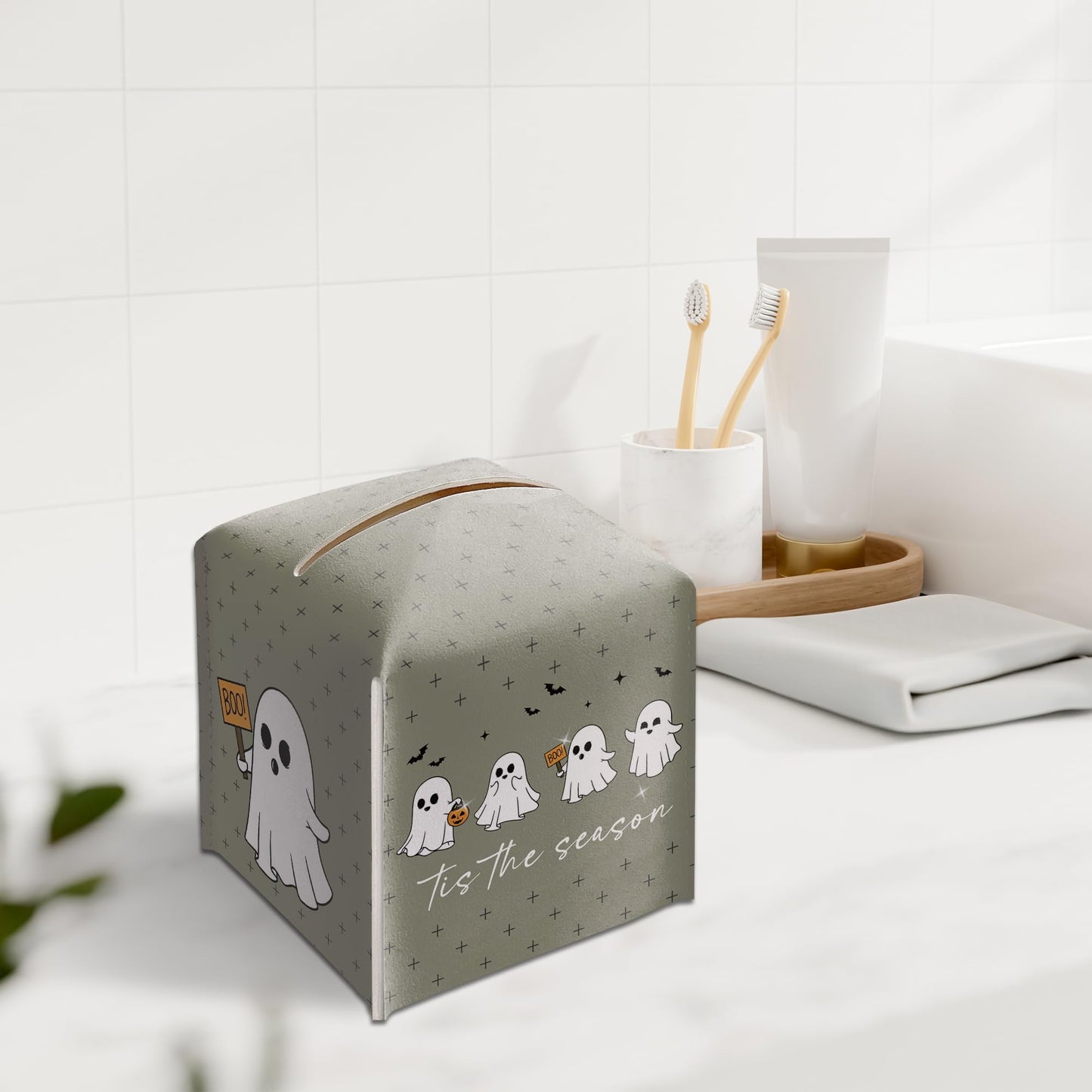Halloween Tis The Season Tissue Box Holder, Cute Ghost Leather Tissue Box Cover Square, Cute Facial Paper Organizer Dispenser Toilet Paper Holder for Bathroom Kitchen Office Home Decor-A05