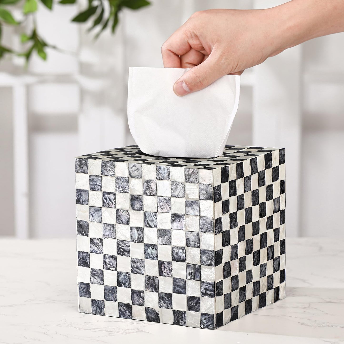 Reallnaive 5.9 Inch Cube Mother of Pearl Tissue Box Cover Ceramic Decorative Tissue Box Holder, Square Napkin Holder Rustic Napkin Dispenser Organizer for Table Bathroom Office(Black White Checkered)