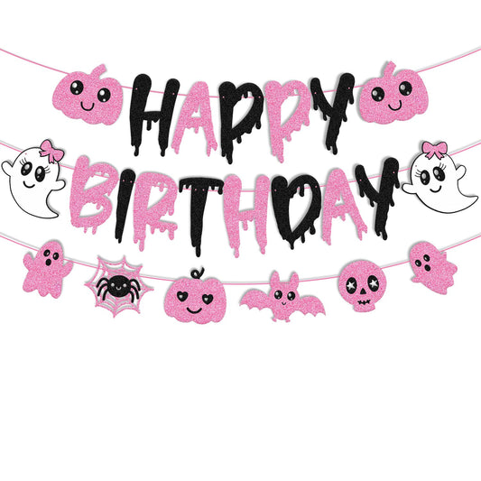 Pink Black Halloween Birthday Banner Ghost Bat Happy Boo Day Little Boo Themed for Girl Happy Birthday Party Supplies Glitter Halloween Decoration