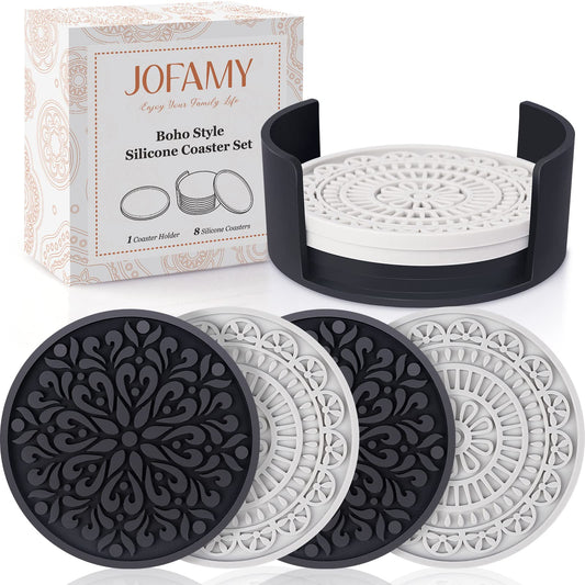 8 Pcs Boho Coasters for Drinks, Silicone Coasters with Holder, Boho Style Grooved Pattern, Tabletop Protection Coaster for Outdoor, Indoor, Coffee Table, Kitchen, Office, Bar, Heat Resistant