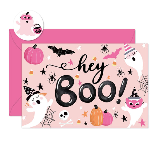 Whaline 24 Pcs Halloween Greeting Cards Boo Ghost Blank Note Cards with Pink Envelopes Stickers for Home Office Classroom Invitations Party Supplies, 4 x 6 Inch