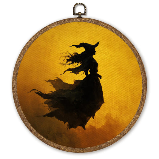 Vintage Witchs Round Wall Art,Gothic Mystical Witch Canvas Print Circular Wall Art Framed Decor,Dark Academia Witchs Country Art Decor for Home Farmhouse Bedroom Living Room 10x10Inch(Orange-witch)