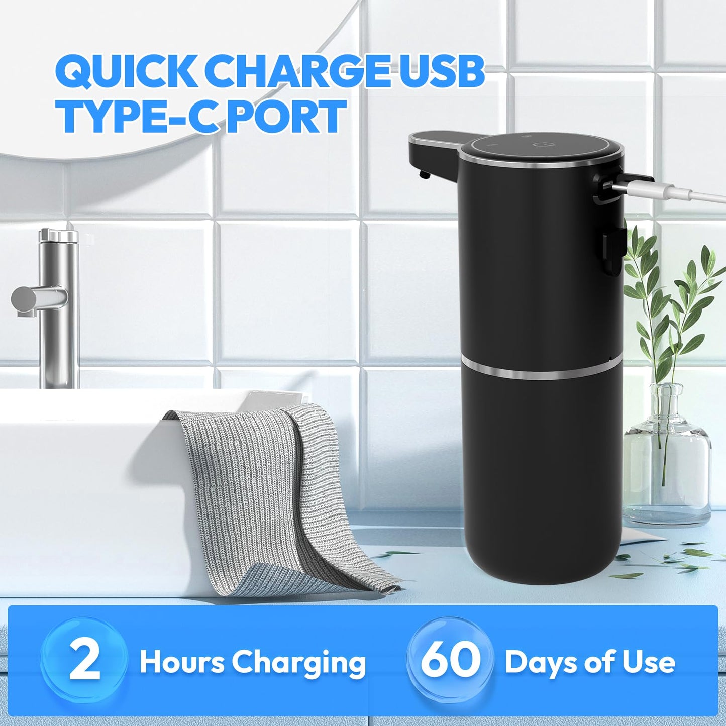 MTYGK Automatic Foaming Soap Dispenser,Touchless Foam Soap Dispenser,12.8oz Rechargeable Wall Mounted Smart for Bathroom and Kitchen Dish Soap,Easy for Toddlers(Black)