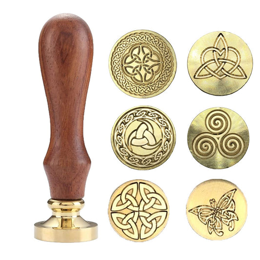 Celtic Knot Seal Wax Stamp with 6 Patterns Removable Brass Head + 1 Wood Handle, Represent Eternal Faith, Friendship, Love and Loyalty
