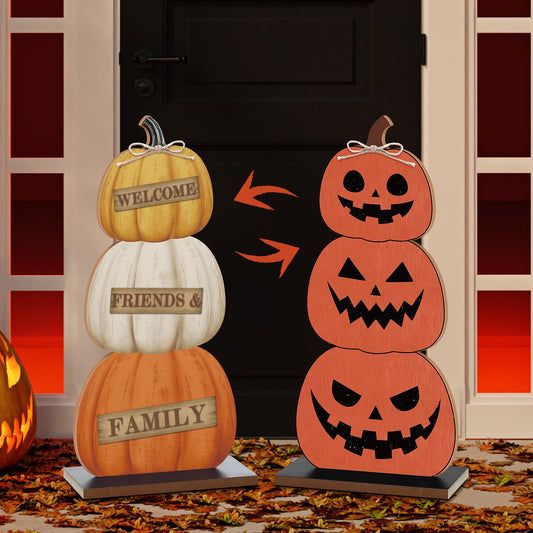 Fall Halloween Pumpkin Porch Signs Decor 22'' Double Side Wooden Large Pumpkin Front Porch Sign Yard Tabletop Door Wall Farmhouse Decorations for Halloween Thanksgiving Home Party Outdoor Indoor