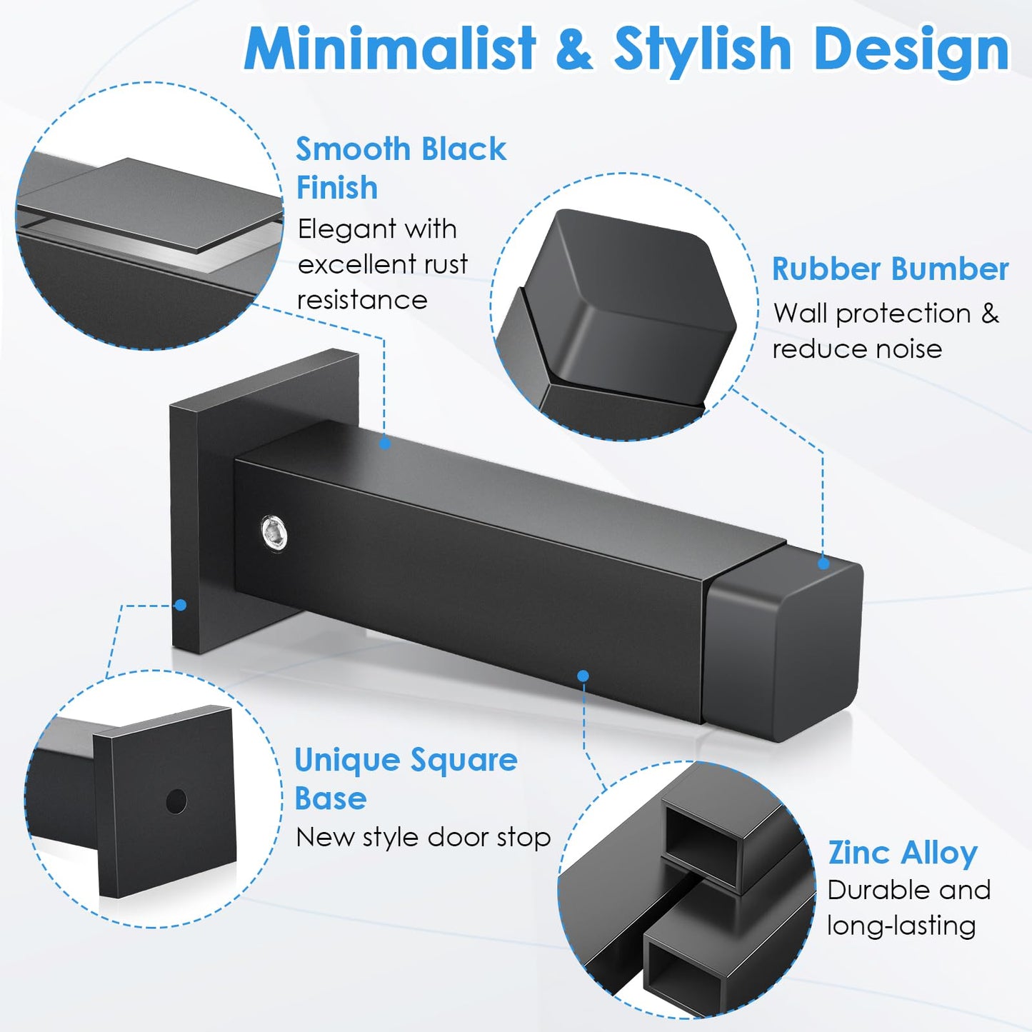 Door Stoppers, Black Door Stops for Wall Doorstop with Rubber Bumper Tips, 2 Pack, Square