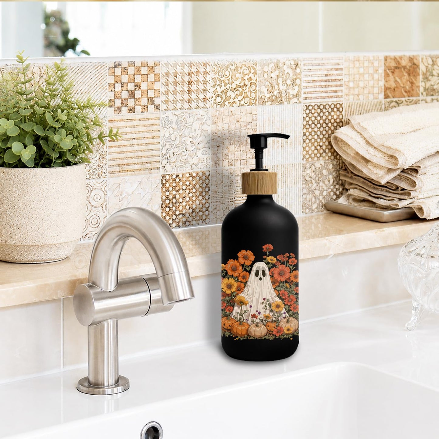 Stelloriellea Halloween Ghost Floral Glass Soap Dispenser with Pump